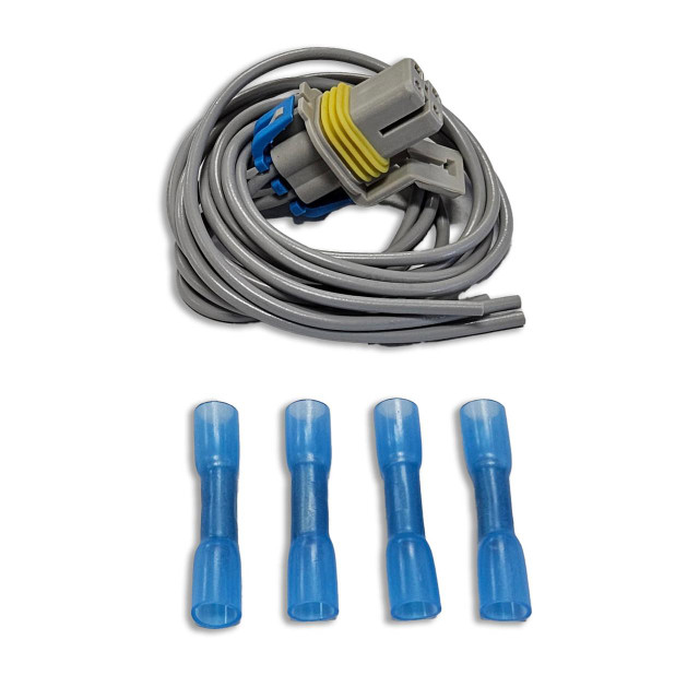 Scram Speed SNS203 O2 pigtail, automotive oxygen sensor wiring harness with four blue insulated connectors and a gray cable with a multi-pin connector.