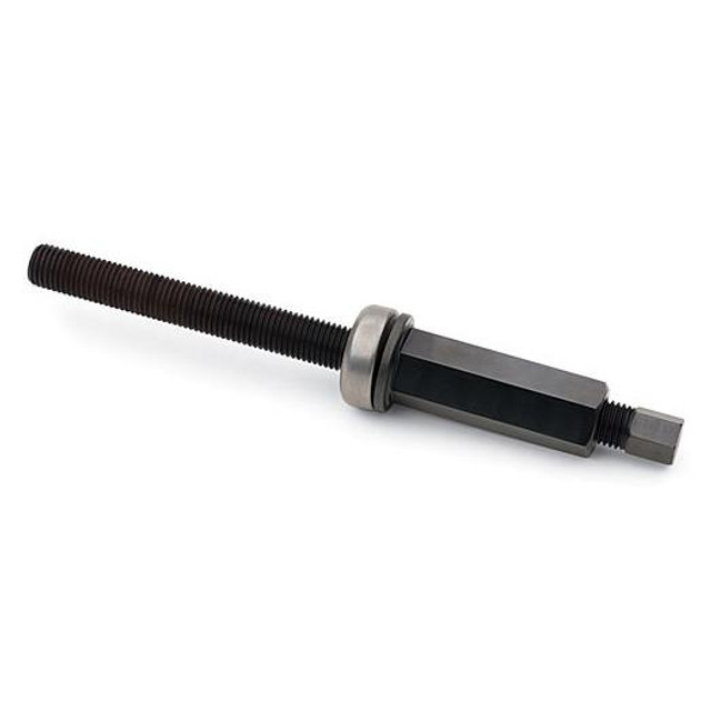 Proform 66519 LS ENGINE HARMONIC BALANCER INSTALL TOOL, a specialized automotive tool with a long threaded black metal rod and a hexagonal connection at the end for installing harmonic balancers.
