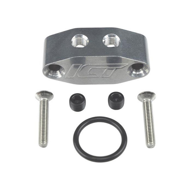 ICT Billet 551533 Oil Port Adapter DUAL TOP OUTLET, metal oil port adapter with two threaded outlets, screws, black fittings, and a rubber O-ring for automotive or motorcycle oil system connections.