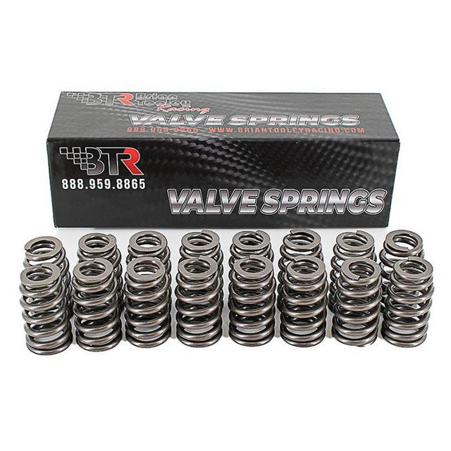 Brian Tooley Racing BTR SP016-16 .500" STOCK TRUCK Beehive Valve Springs set of 16, metallic valve springs arranged in 4 rows in front of a black BTR branded box.