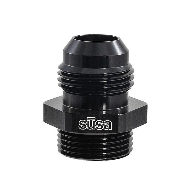 Setrab 22-M22AN10-SE M22-10AN ADAPTER FITTING, black aluminum hydraulic adapter fitting with threaded ends and SUSA branding.