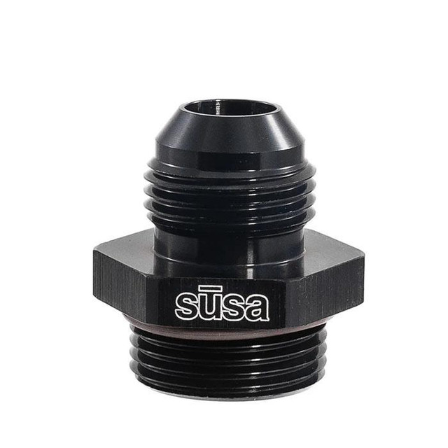 Setrab 22-M22AN08-SE M22 x -8, black metal automotive fitting with threaded ends for oil or fluid line connection.