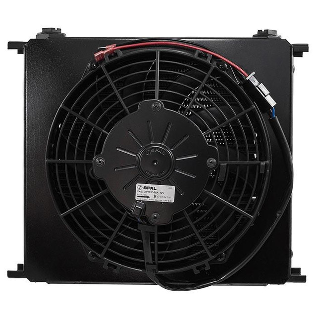 Setrab FP634M22I Series 6 Oil Cooler 34 Row with 12 Volt Fan, industrial oil cooling unit with black radiator and attached electric fan for engine cooling.