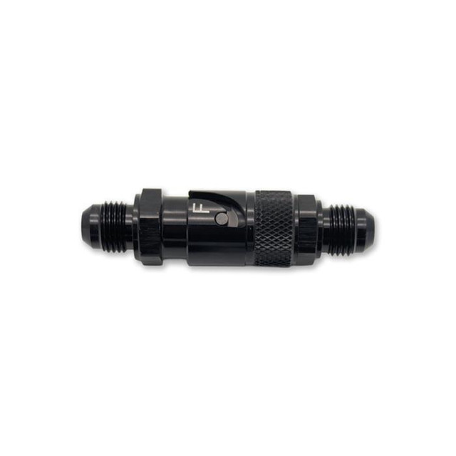 Scram Speed -6AN Dry break quick disconnect fitting, black metal fitting with threaded ends and a locking mechanism in the center.