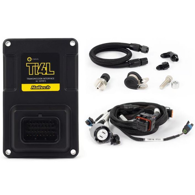 Haltech HT-196001 Nexus Ti4L Transmission Interface Kit, GM 4L Series, electrical control module with connecting cables and accessories for automotive transmission systems.