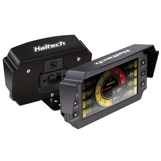 Haltech HT-060071 iC-7 Mounting Bracket with Integrated Visor, automotive electronic device with display and control buttons.