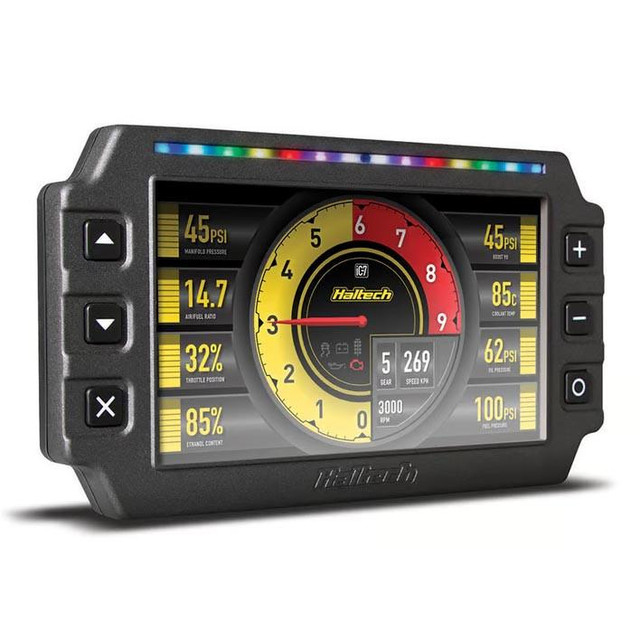 Haltech HT-067010 iC-7 Digital Dash Kit 7 inch, high-tech automotive digital dashboard display showing various engine and vehicle metrics like pressure, temperature, and RPM.