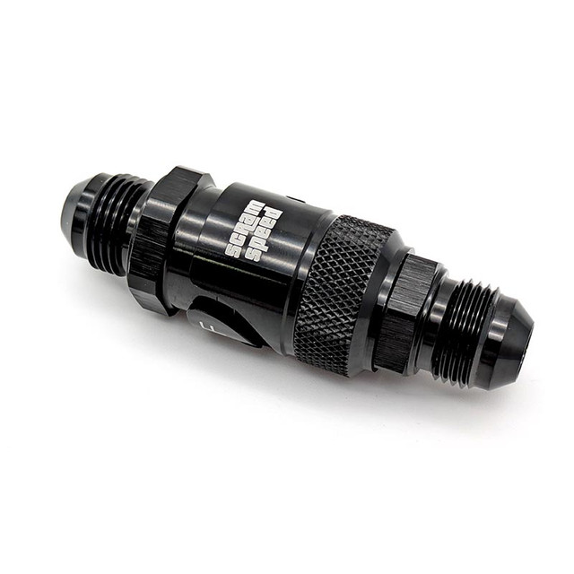 Scram Speed -8AN Dry break quick disconnect fitting (single), black metal automotive quick disconnect fitting for fluid transfer.