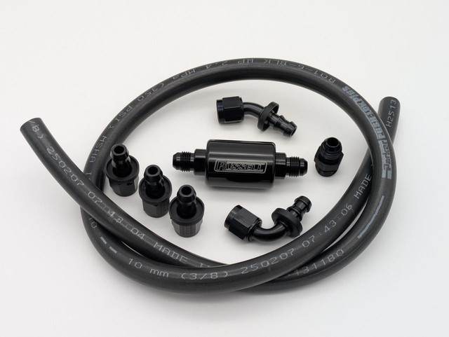 Scram Speed Fuel Line Kit, mechanical fuel pump to carburetor, black fuel lines and fittings for vehicle fuel system.