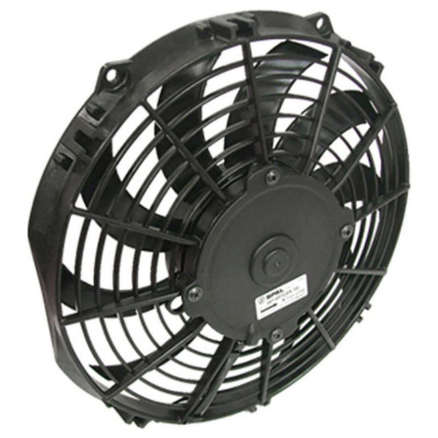 SPAL 30100435 10IN PULLER FAN CURVED BLADE 802 CFM, black plastic industrial cooling fan with curved blades and protective grille.
