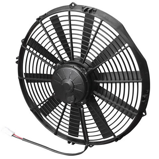 SPAL 30102041 14IN Puller Fan Straight Blade 1623 CFM, cooling or industrial fan with a circular, straight blade design and a protective grille for efficient airflow.