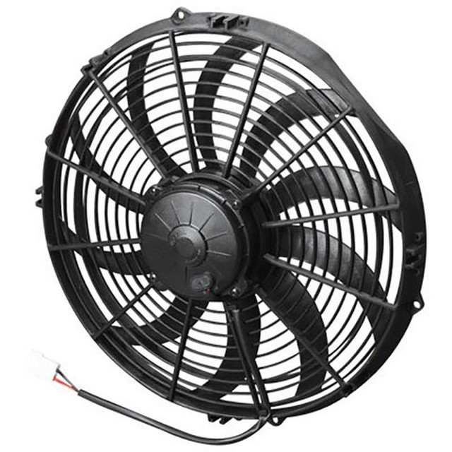 SPAL 30102042 14IN PULLER FAN CURVED BLADE 1864 CFM, industrial black ventilator fan with curved blades and protective grill for high airflow cooling applications.