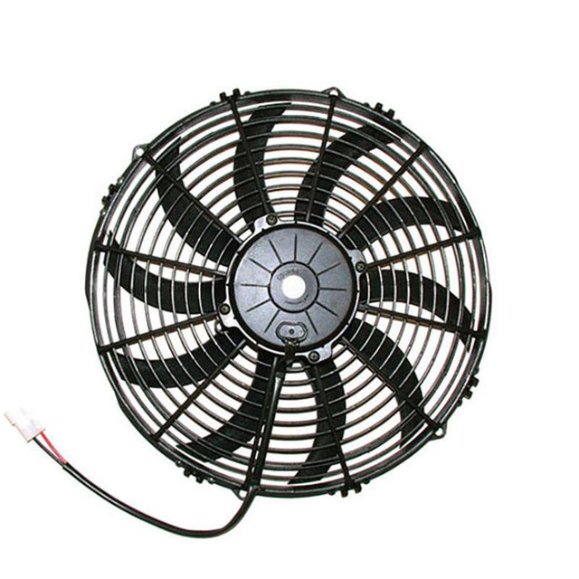 SPAL 30102044 13IN PULLER FAN CURVED BLADE 1777 CFM, a round electric cooling fan with curved blades and protective grille for industrial or automotive use.