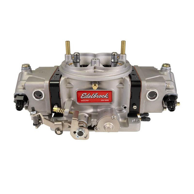 Edelbrock 1308 VRS-4150 Race Series 850 CFM Carburetor, detailed image showing a high-performance automotive carburetor with metallic finish and multiple connection points.