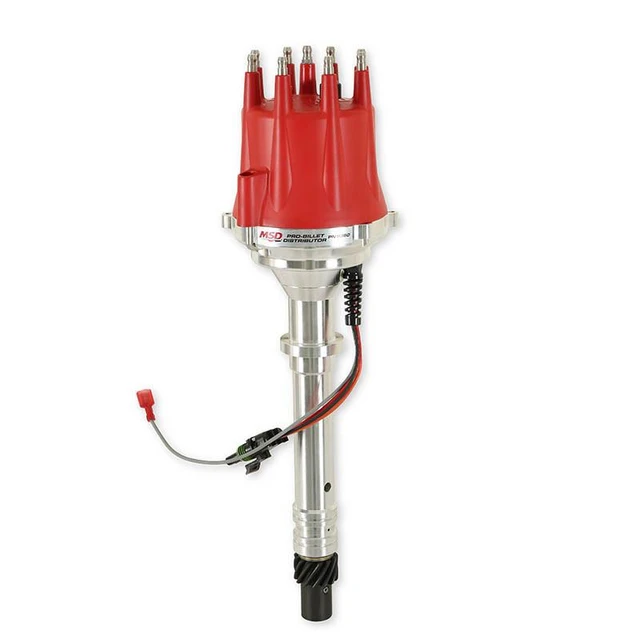 MSD 8360 Distributor for SBC/BBC Pro-Billet Ready to Run, automotive distributor with red cap and ignition wires.