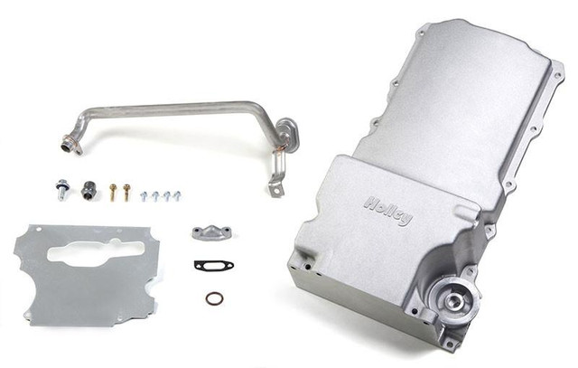 Holley Performance Parts – EFI, Intakes, & More Holley 302-1 LS Swap Retro-fit Oil Pan, a silver oil pan with mounting hardware and a metal tube for engine installation.