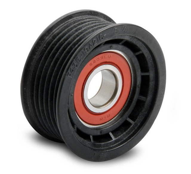 Holley Performance Parts – EFI, Intakes, & More Holley LS Accessory System - Idler Pulley (Ribbed), close-up of the ribbed black plastic idler pulley with a red bearing in the center.