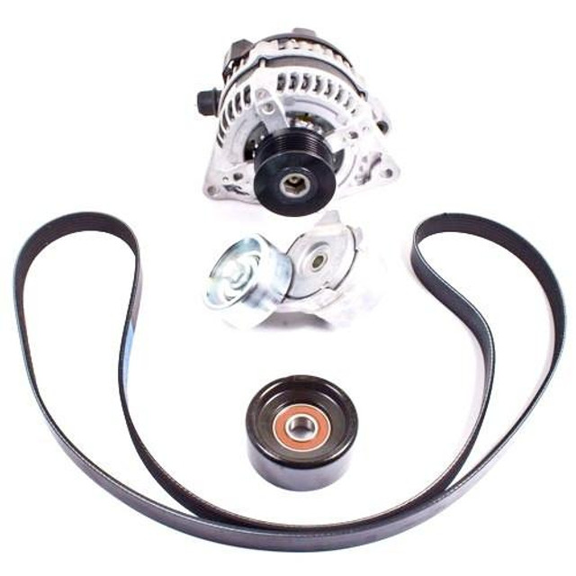Ford Racing Coyote Swap/Boss 302 Alternator Kit, car engine accessory components including alternator, belt, and pulley for high-performance vehicle applications.
