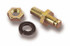 Holley Performance Parts – EFI, Intakes, & More 1/4 IN THROTTLE STUD KIT, image showing a set of gold-colored throttle stud, nut, and washer for automotive performance upgrades.