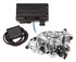 Holley Performance Parts – EFI, Intakes, & More Holley 550-1001 TERMINATOR X STEALTH 4150, SHINY - a high-performance fuel injection system with a metallic intake, black electronic control unit, and connected wiring and sensors.