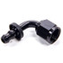 Fragola 209108-BL #8 Nut X 6AN 90 Deg Push Lock Hose End, for Fuel Cell Conversion, Black, close-up of black 90-degree push lock hose fitting with threaded end designed for fuel systems.