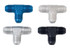 Fragola 482403-BL #3 TEE BLACK, T-shaped aluminum fitting for fluid transfer systems in black, silver, and blue colors.