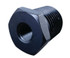 Fragola 491204-BL 3/8 X 1/2 PIPE REDUCER BUSHING BLACK, close-up of a black metal pipe reducer bushing with threaded ends for connecting pipes of different sizes in plumbing.