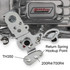 Holley Performance Parts – EFI, Intakes, & More QFT SQ-650 Carburetor 650CFM LSX, close-up of a metallic carburetor component with a labeled return spring hookup point, TH350 mounting feature, and specifications 200R4/700R4.