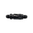 Scram Speed -6AN Dry break quick disconnect fitting, black metal hydraulic quick disconnect connector with threaded ends and safety lever.