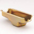 Milodon 30755 Small Block Mopar Stock Oil Pan, image showing a gold-colored engine oil pan with a black and yellow Milodon logo on the side.