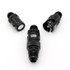 Scram Speed -8AN Dry break quick disconnect fittings, pair of black metal quick disconnect fittings with threaded ends and knurled locking rings for automotive or racing applications.