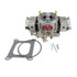 Edelbrock 1307 VRS-4150 Race Series 750 CFM Carburetor, front view showing its metallic silver body with black accents, gold fittings, mounting brackets, and included gaskets and tools.