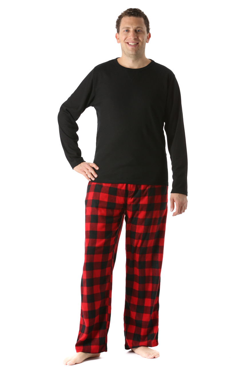 45910-1A-XL #FollowMe Polar Fleece Pajama Pants Set for Men / Sleepwear /  PJs (Medium, Black Top / Red Buffalo Plaid Pant)