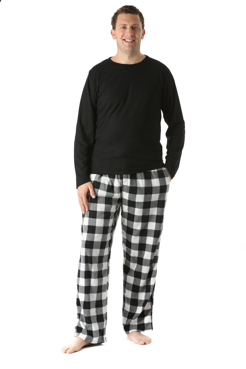 45910-1A-XL #FollowMe Polar Fleece Pajama Pants Set for Men / Sleepwear /  PJs (X-Large, Black Top / White Buffalo Plaid Pant)