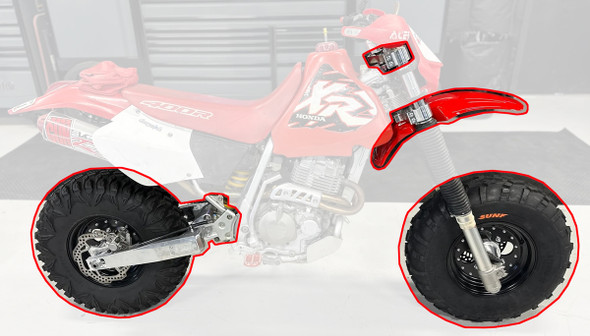 BVC Big Wheel Kit for Honda 96-04 XR400R Black Front Fender Raw Swingarm Kanati