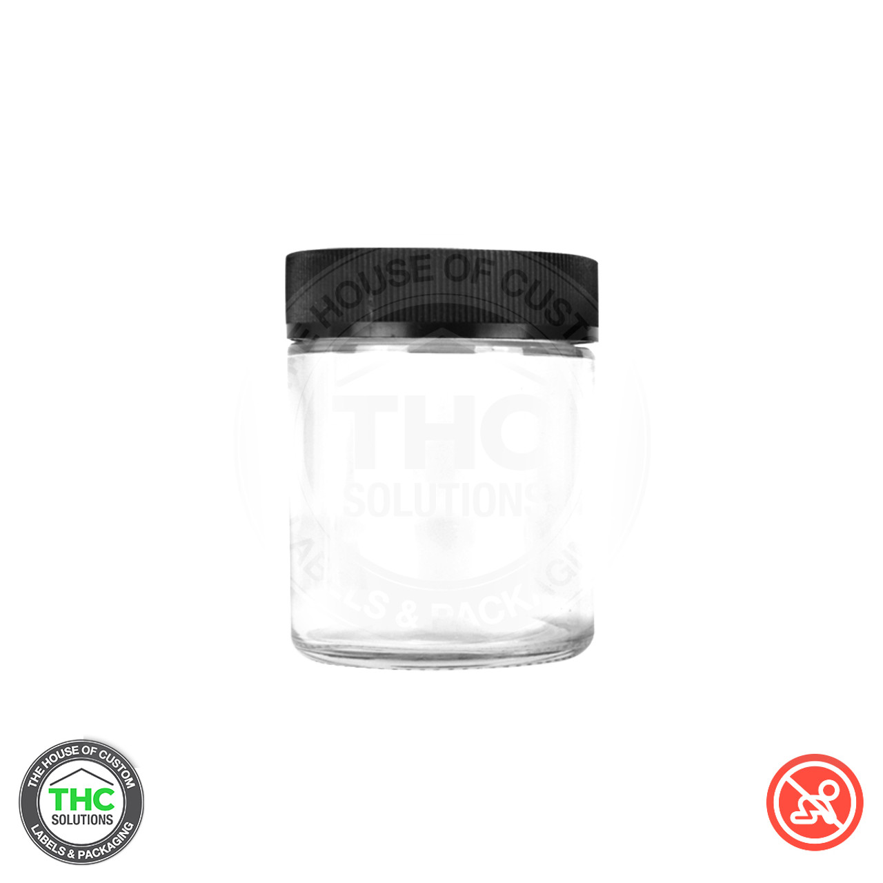 THCR 4oz Clear Glass Jar Child-Resistant Ribbed Flat Cap (Qty 100)