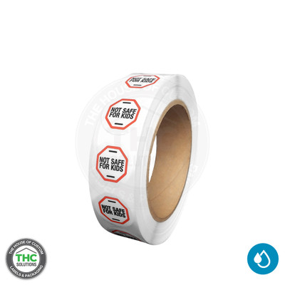 Angle view of not safe for kids label sticker.