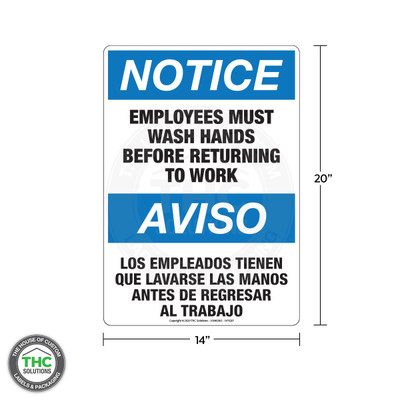 Notice - Employees Must Wash Hands English / Spanish - Vertical Safety Sign Notice - Employees Must Wash Hands English / Spanish - Vertical Safety Sign