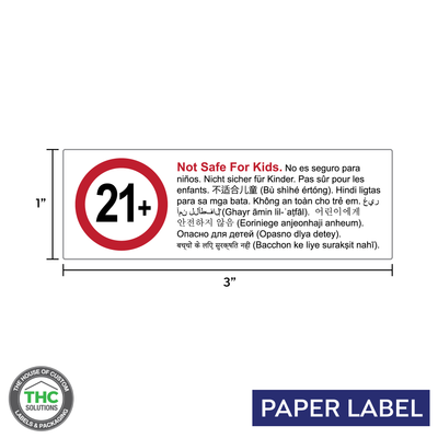 Multi Language "NOT SAFE FOR KIDS" 21 AND OVER SYMBOL Label, Government Warning, paper size 3" x 1" (1,000 pcs)