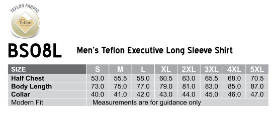 Size Guide - BS08L - Mens L/S Teflon business shirt