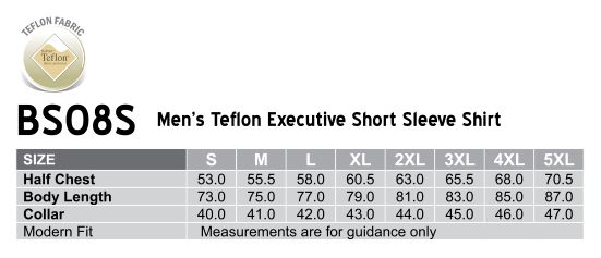 Size Guide - BS08S - Mens S/S Teflon business shirt