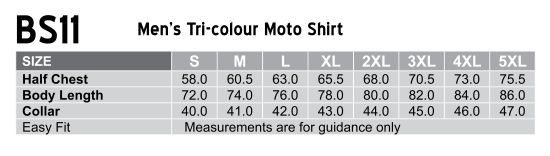 Size Guide - BS11 - Men's tri-color poly/cotton twill shirt white piping