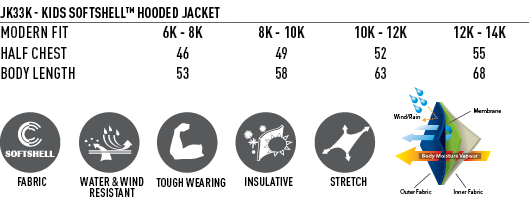 Size Guide - JK33K - Kids' Softshell Full Zip Hoodie