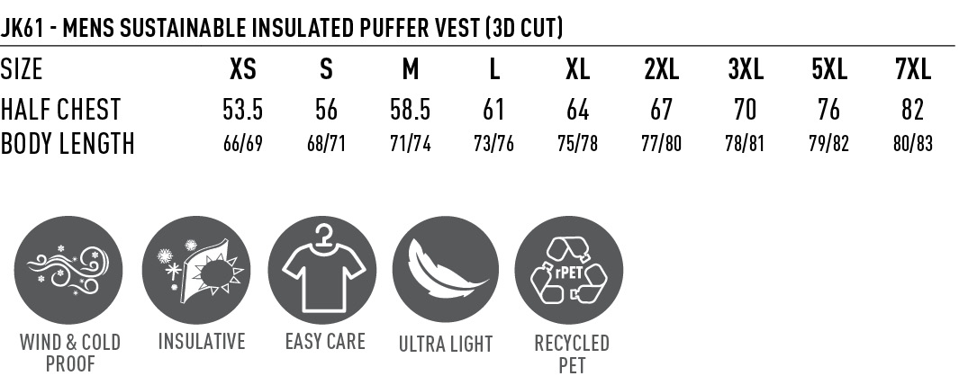 Size Guide - JK61 - Men's Sustainable Insulated Puffer Vest (3D Cut)