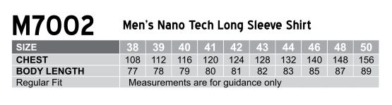 Size Guide - M7002 - Men's Nano Tech Long Sleeve Shirt
