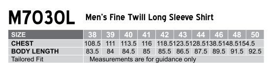 Size Guide - M7030L - Men's Fine Twill L/S Shirt