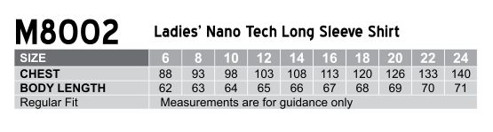 Size Guide - M8002 - Women's Nano Tech Long Sleeve Shirt