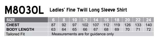 Size Guide - M8030L - Women's Fine Twill L/S Shirt