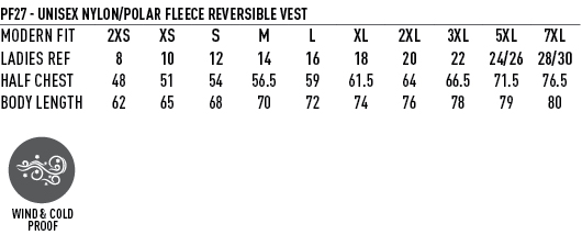 Size Guide - PF27 - Unisex Reversible Vest