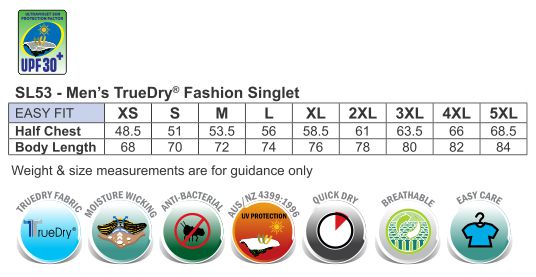 Size Guide - SL53 - Men's Truedry Fashion Singlet